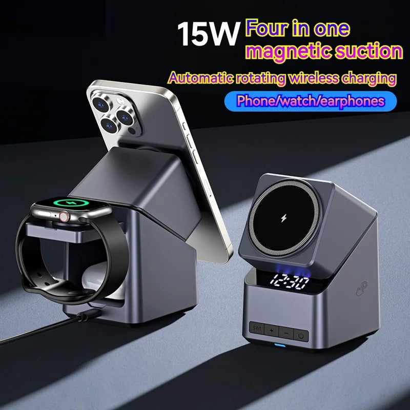 4in1 Electric Rotating Magnetic 15W Wireless Charger Time Display Touch Rotation for  iPhone Watch AirPods Ideal Charging Stand