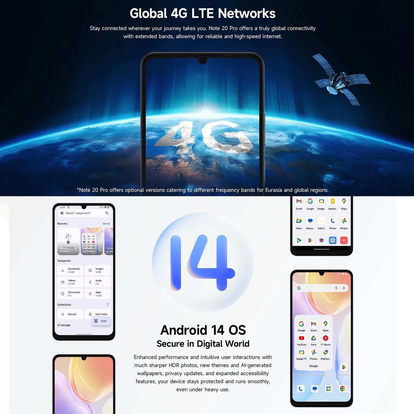 Ulefone Note 20 Pro Smartphone 50MP Camera 6000mAh Battery 4GB+128GB/ 256GB Unisoc T606 6.75" 90Hz 4G Android 14 Mobile Phone