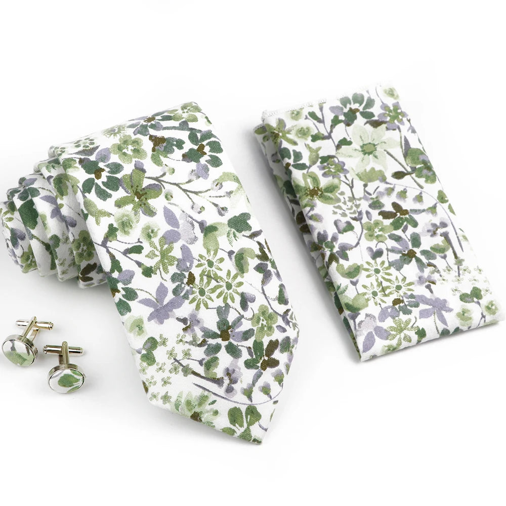 Hot Sell 3PC Chic Elegant Floral Tie Set Pocket Square Cufflinks For Men Women Wedding Party Dinner Suit Tuxedo Accessory Gift