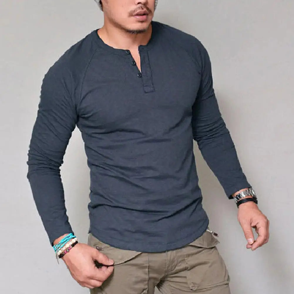 Men Cotton T-shirt All Match O Neck Buttons Slim Long Sleeve Men T-shirt T-shirt Breathable Cotton O Neck Blouse Male Autumn Tee