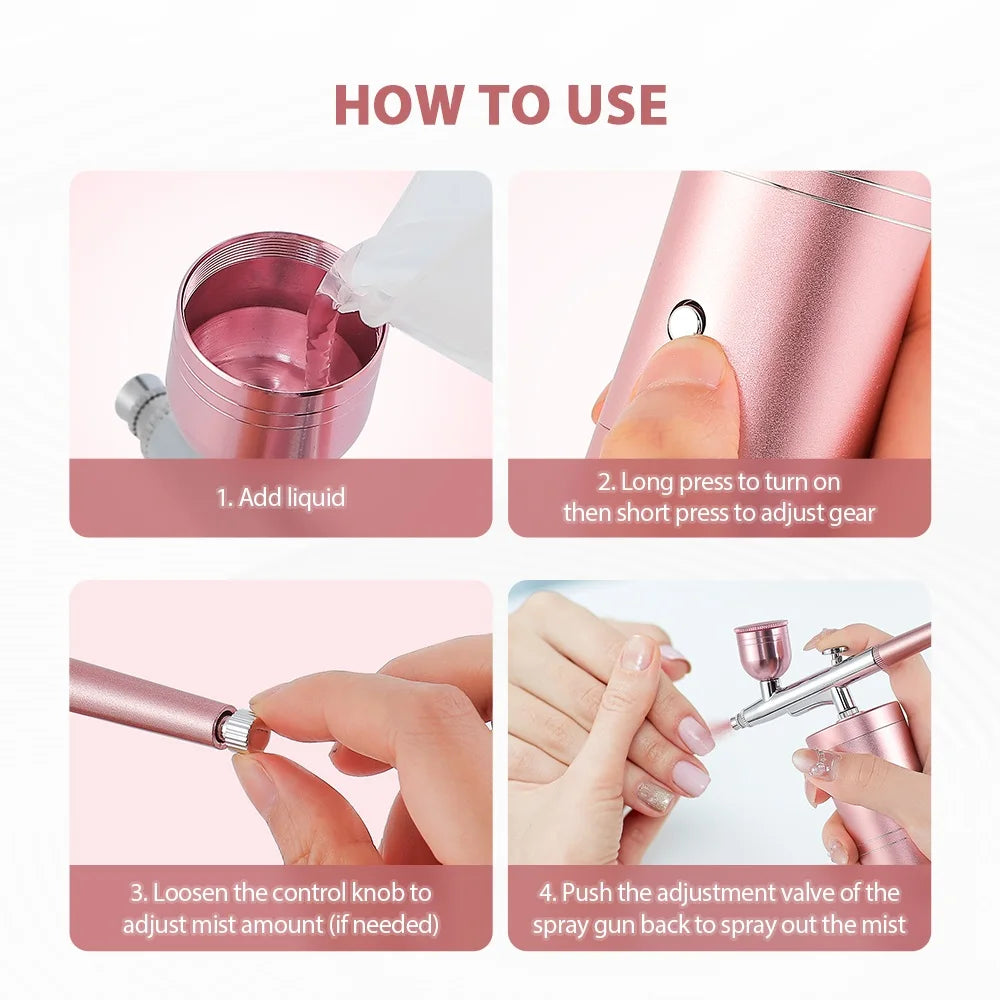 Top 0.3mm Pink Mini Air Compressor Kit Air-Brush Paint Spray Gun Airbrush For Nail Art Tattoo Craft Cake Nano Fog Mist Sprayer