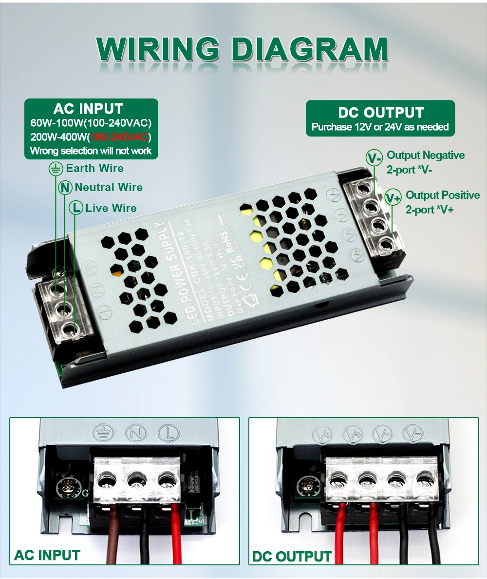 Ultra-thin silent LED power supply DC 12V 24V transformer supply 60W-400W power  AC 100-265V quality ultra thin led transformers