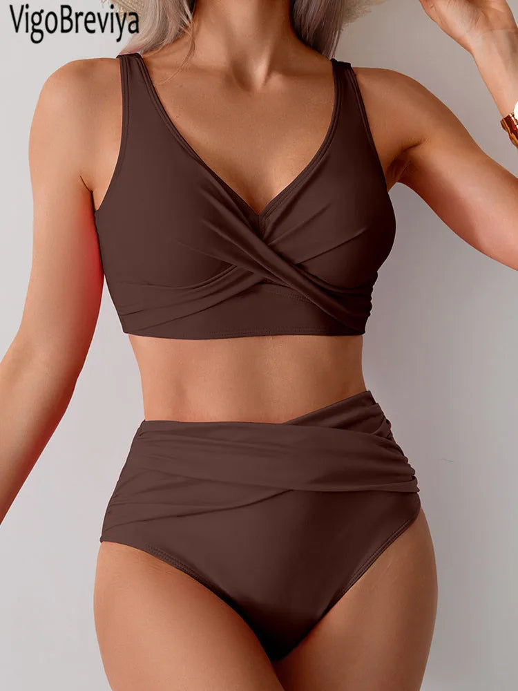 VigoBreviya 2026 Sexy Solid Strapped Swimwear Women Cross Push Up Bikini Set Brazilian Lady Swimsuit High Waist Beach Bath Suit