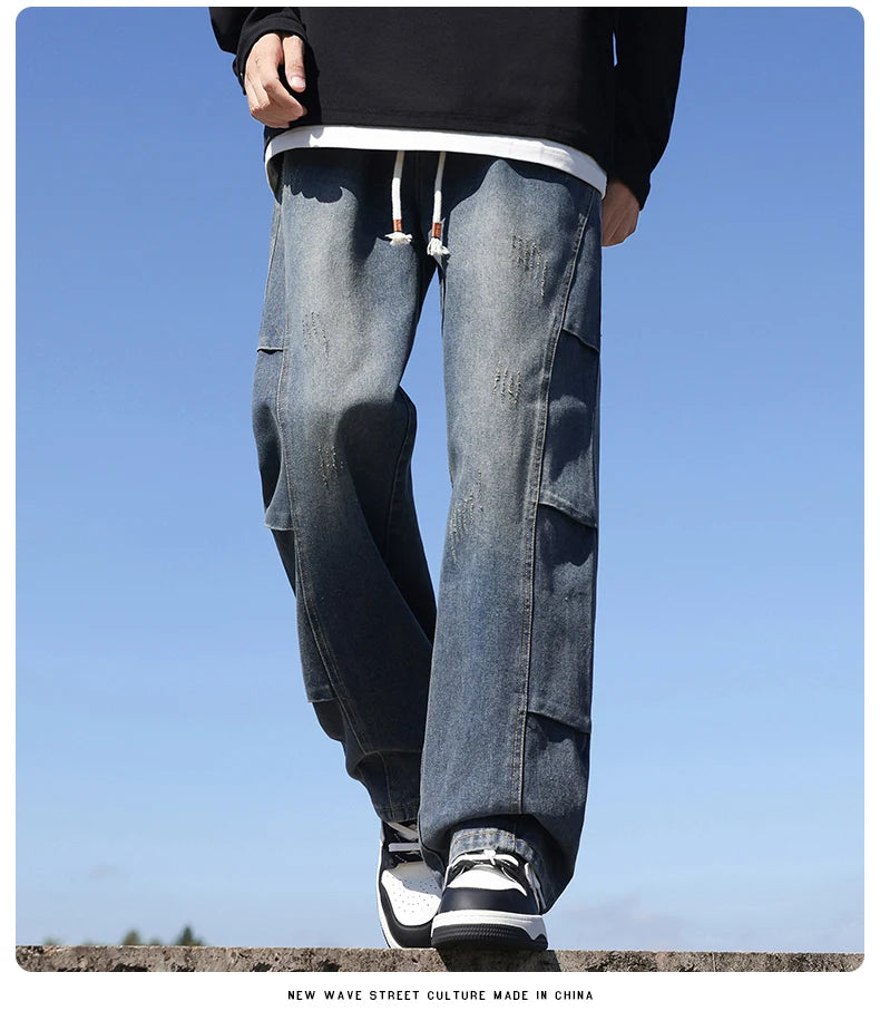 Jeans men's American high street vintage washed crease splicing men's spring and fall models loose straight pants