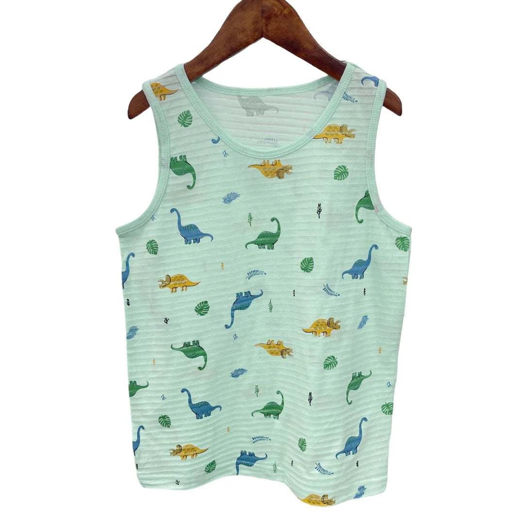 Boy Green Dino Prints Tank Shirt Children Cotton Underwear Kids Undershirts Breathable Tank Tops Size 3-12T Summer Home wear