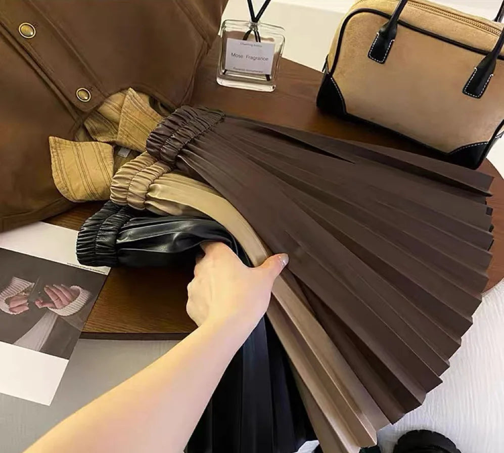 Skirts Girls Spring Autumn New PU Leather Pleats Short Korean Fashion Elastic Waist Children Clothing 2024 loose