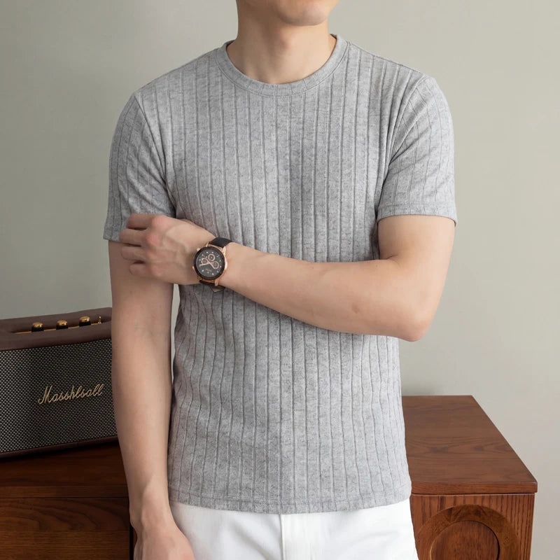 Men's Minimalist Crew Neck Ribbed T Shirt Comfortable Elastic Fabric Short Sleeve For Office And Casual Wear