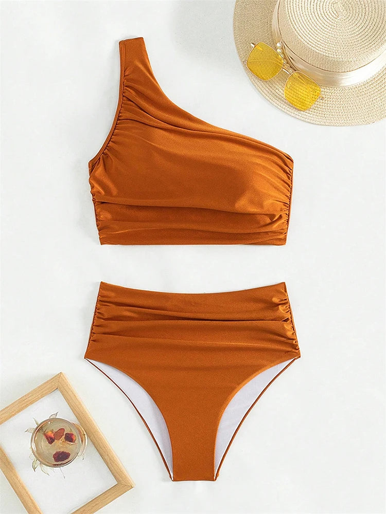 Circyy Single Shoulder Bikini Set Women Swimsuit Two-Piece Pleated Female Swimwear Bathing Summer Fashion High Waisted Beachwear