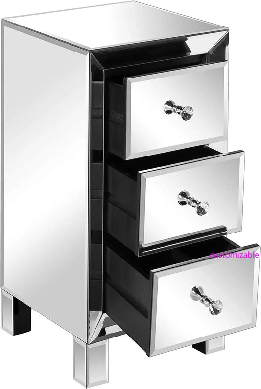 Mirrored Nightstand with 3-Drawers Silver Side End Table Mirrored Furniture for Small Space, Bedroom, Living Room