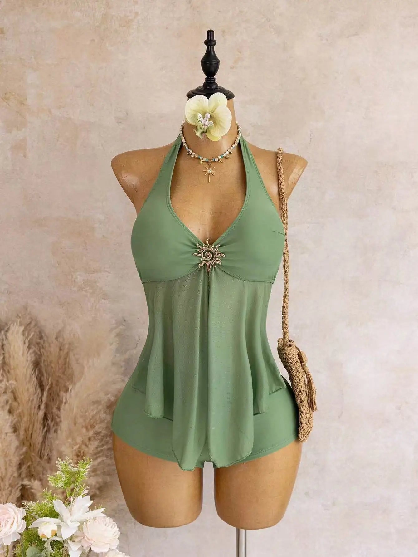 Beige Two Piece Bikini Set 2026 Women Metal Sun Ornament Mesh Tank Top High Waist Swimsuit Holiday Bathing Suit Swimwear