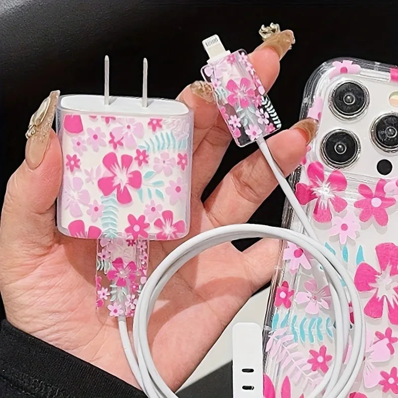 Fashion Flowers Print Charging Data Cable Protector Case For iPhone 18W 20W Charger Protective Cover Winder Accessories Sleeve
