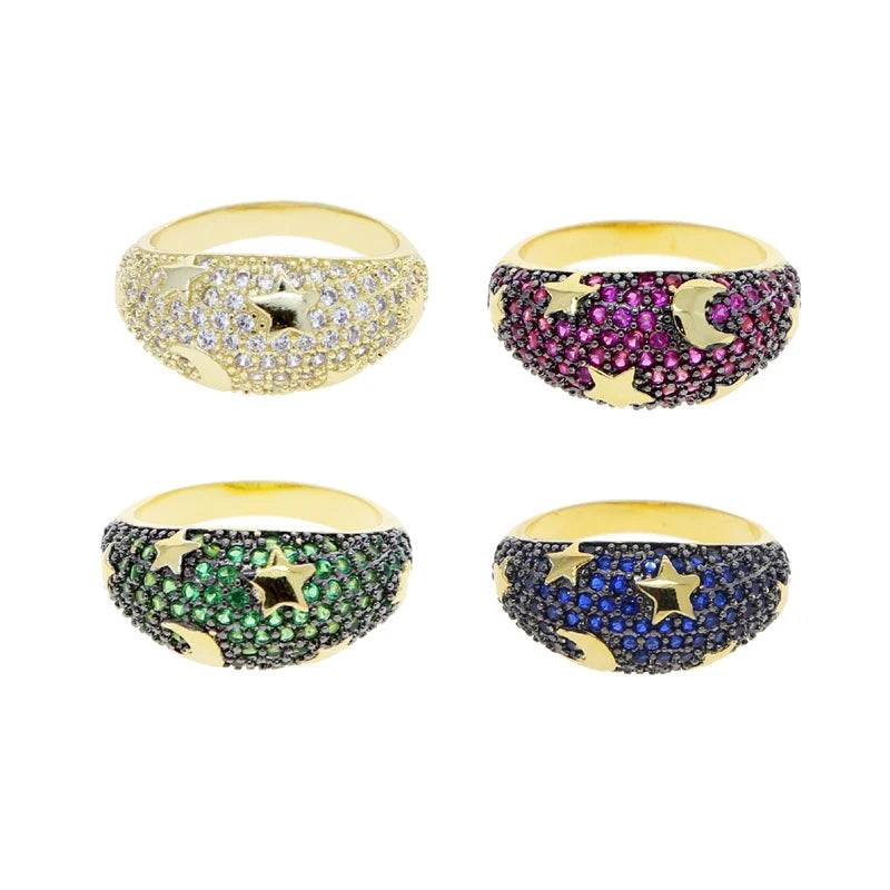 2025 Gold Color Rainbow Fashion Bling Moon Star Ring For Women Men Hip Hop Iced Out Paved Colorful Neon Enamel Luxury Jewelry