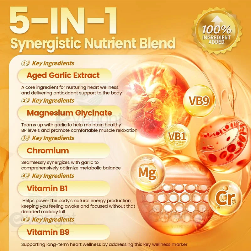 Aged Garlic Extract Capsules – Odorless Formula with Magnesium, Chromium, B1 & B9 – Supports Immune, Heart & Cardiovascular Heal