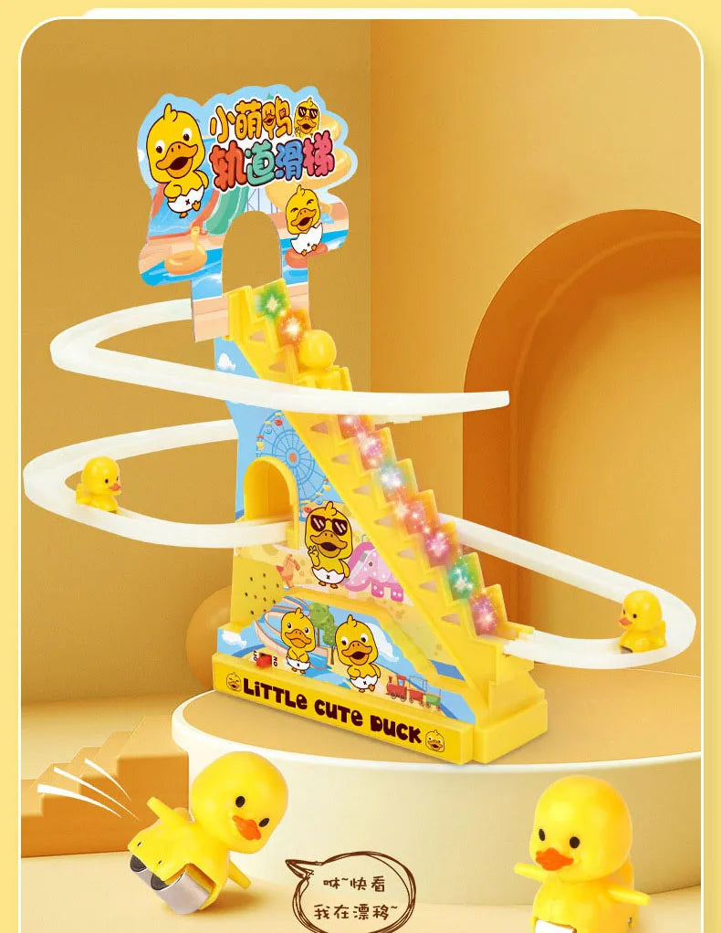 Electric Duck Track Rail Racing Slide Piggy Climbing Stairs Baby Toy LED Lights Musical Slide Roller Coaster Toys for Gift