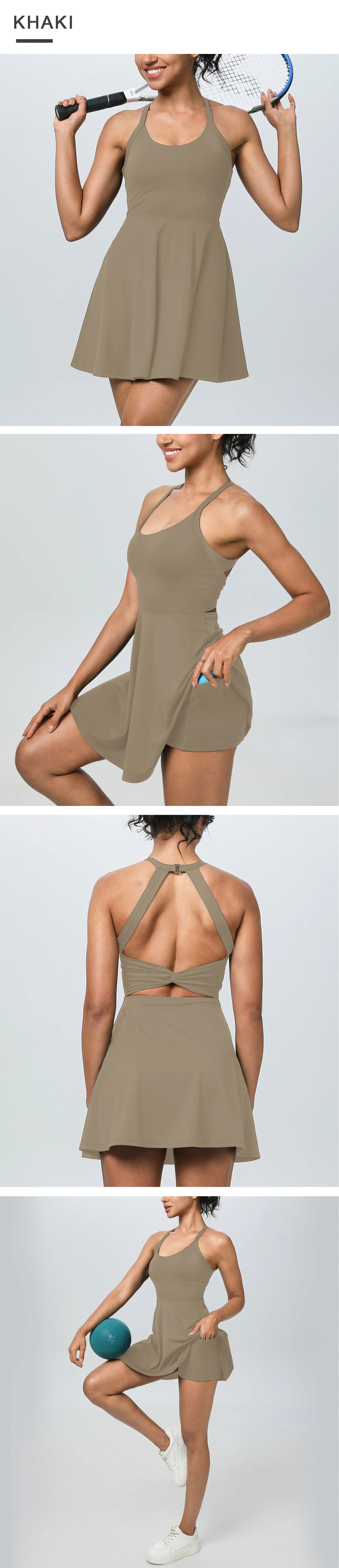 Summer Women Sexy Backless Tennis Dress Sleeveless A-lined Athletic Dress Built-in Bra & Shorts Ladies Elastic Workout Skirts