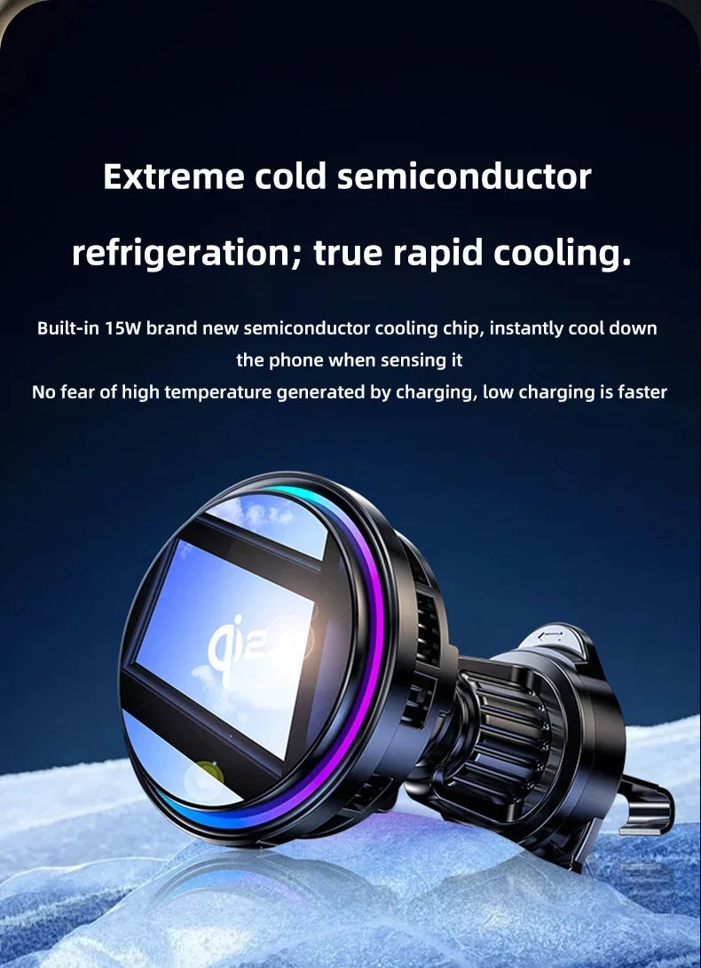 Magnetic Wireless Car Charger Phone Holder QI2 Ice Cooling RGB Tempered Glass Fast Charging Radiator For Magsafe iPhone 12-16