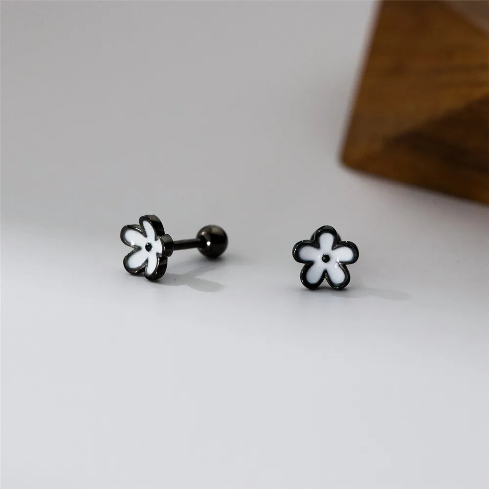 YIZIZAI Womens Earrings Silver 925 Enamel Black Flower  Ear Piercing For Women Screw Silver Stud Earrings