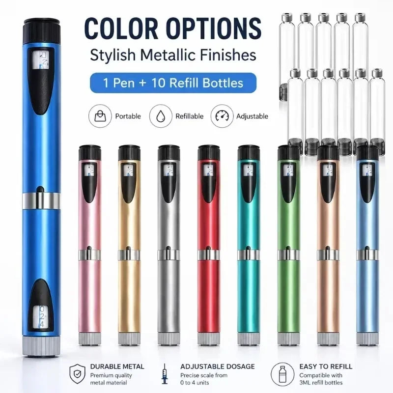 Portable Dose Adjustable Reusable Injector Pen Kit for Insulin Peptide, Comes with 10Pcs 3ML Replacement Cartridges