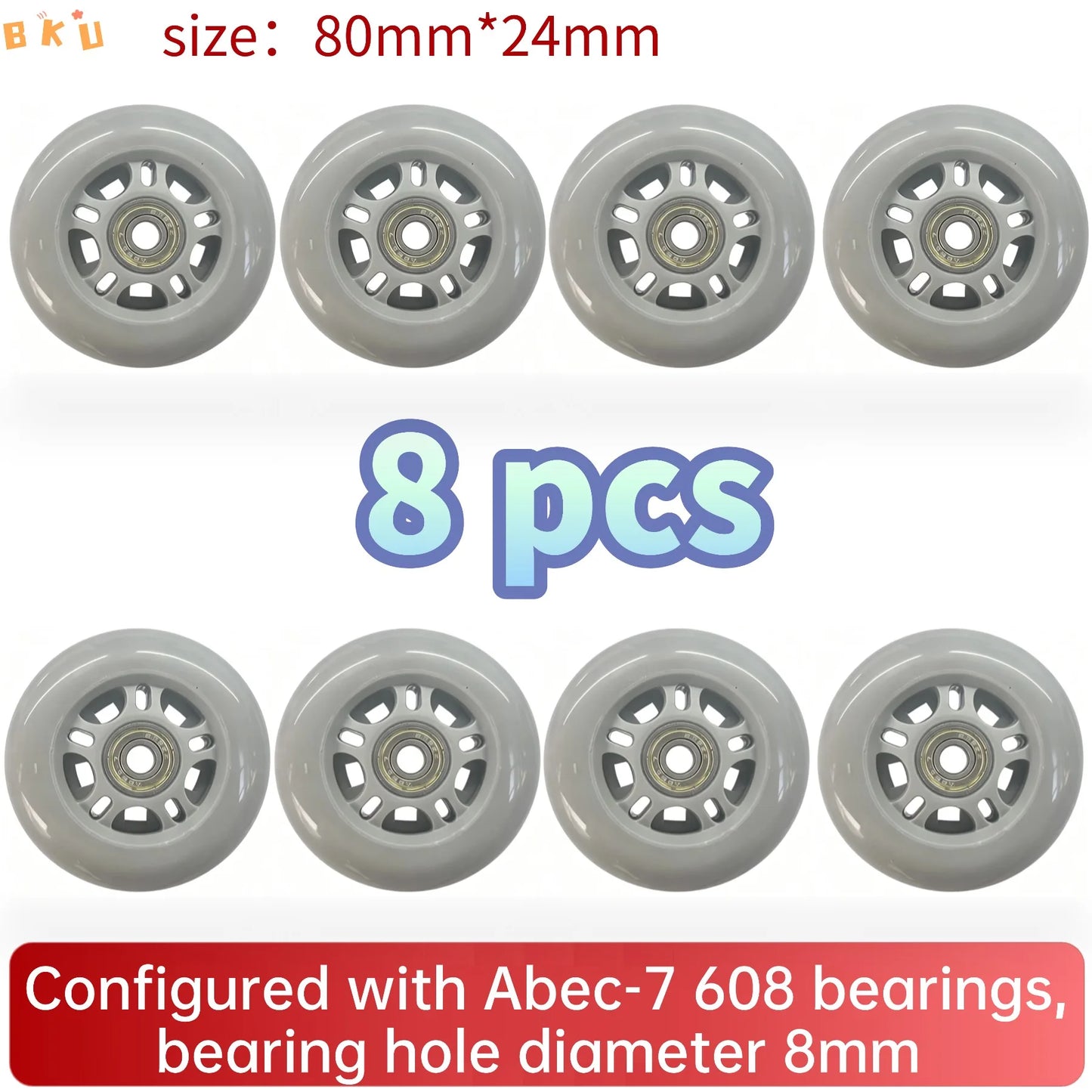 BKU 80mm PU Durable Replacement Wheels (8PCS) - Compatible with Inline Skates Scooters Strollers Suitcases