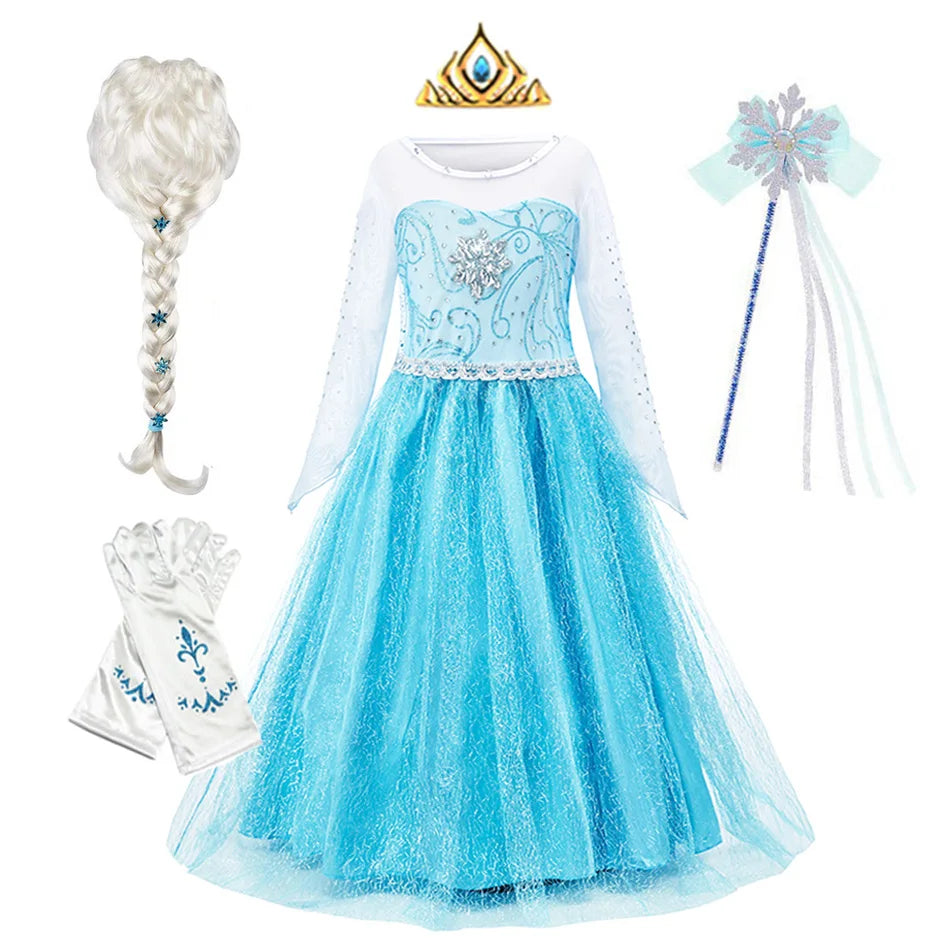 Disney Elsa Anna Princess Dress Girls Mesh Ball Gown Halloween Carnival Birthday Clothing Kids Cosplay Snow Queen Frozen Costume