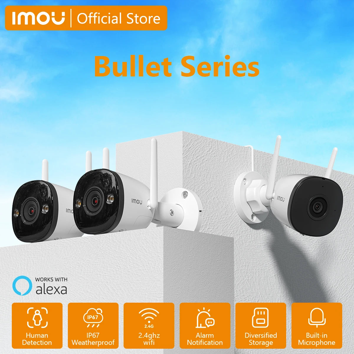 IMOU Bullet Security Camera 2.4GHz WiFi IP Camera Outdoor with IP67 Wi-Fi 6 Surveillance Camera Human Detection 24/7 Recording