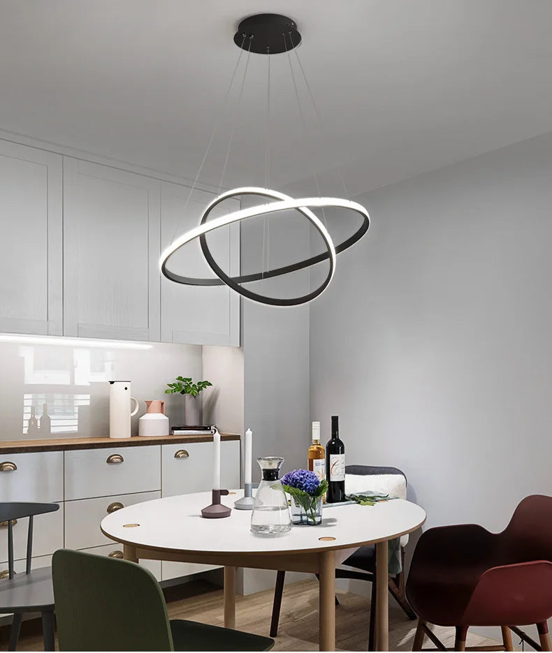 Led Circle Ceiling Hanging Chandelier Rings  Black Loft Living Dining Room Modern Pendant Lamp Kitchen Indoor Lighting Fixture