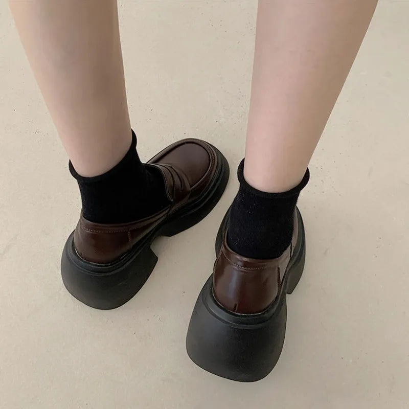 Ladies Pumps Evening Women's Shoes Luxury Leather Casual Cute Kawaii Platform Square Heels Round Toe Shoe Lastest High Quality E