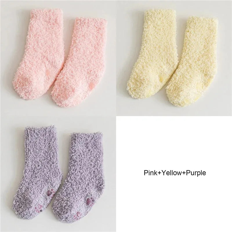 3Pairs Autumn and Winter Thick Baby Toddler Socks for Girls and Boys Coral Fleece Non-slip Baby Floor Foot Socks 0-5Y Children