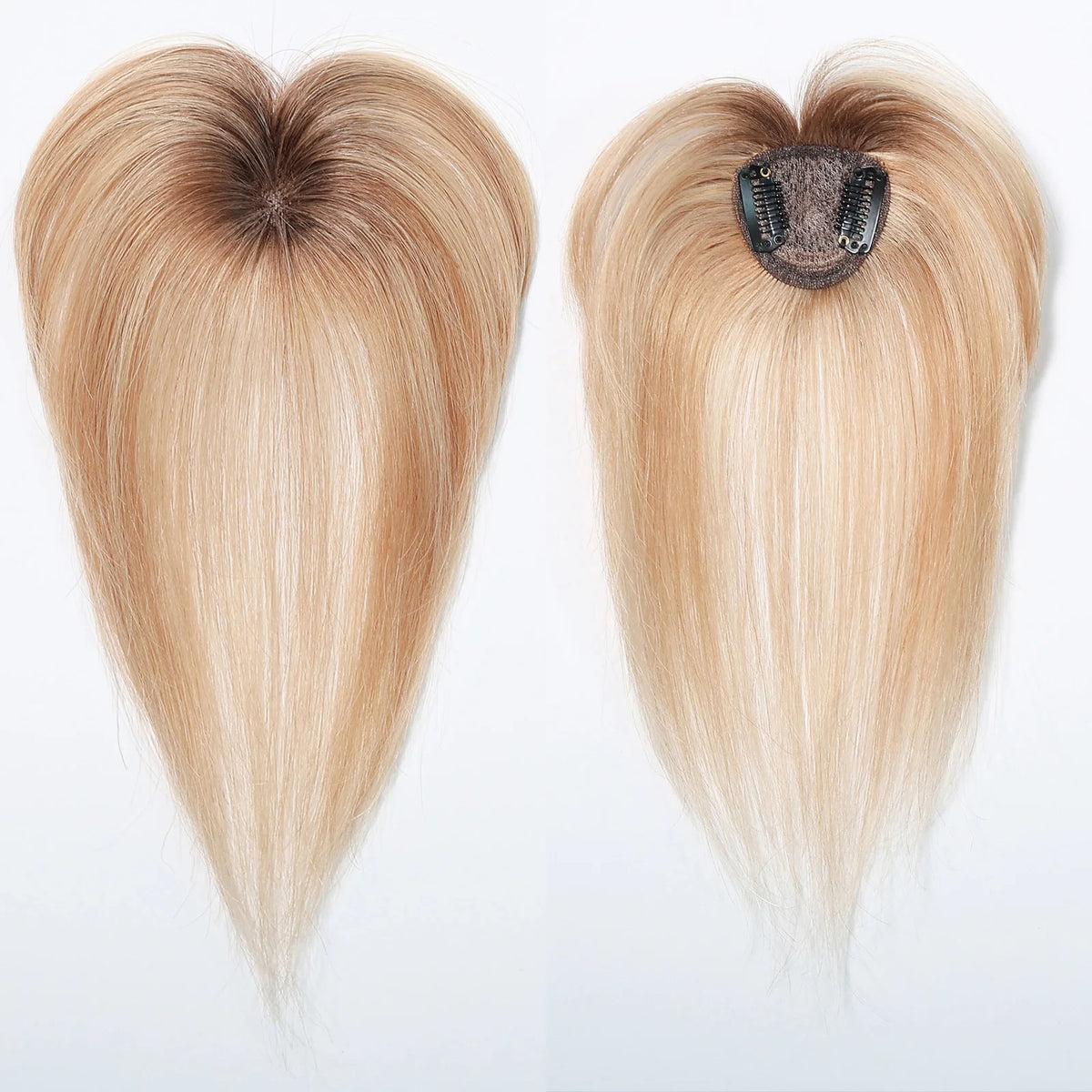 100% Human Hair Blonde Ombre Blunt Cut Wispy Bangs with Sideburns 5x5cm Clip-in Fringe Hairpiece with Top Hair Patch for Daily