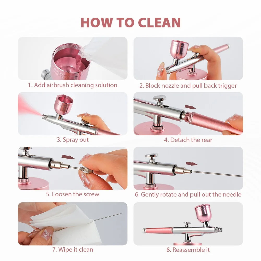 Top 0.3mm Pink Mini Air Compressor Kit Air-Brush Paint Spray Gun Airbrush For Nail Art Tattoo Craft Cake Nano Fog Mist Sprayer