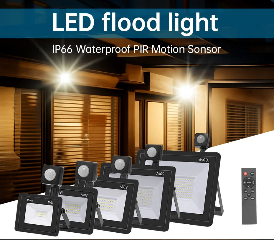 Outdoor LED Floodlight PIR Sensor 10W 20W 30W 50W 100W Cold White IP66 AC220V Garden/Street Reflector Spotlight with IR Remote