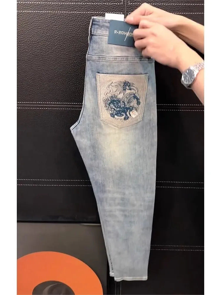 Ele Men's Slim Fit Jeans Elastic Casual Pants Lightweight Luxury Faion Embroidery Summer New Sle European Faion