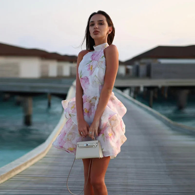Modest Sweet Printed Neck Strap Mini Dress For Women High Waist Sexy Dresses Summer Elegant Tiered Clothing