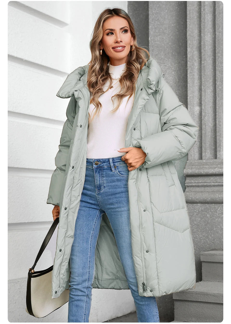 GASMAN 2024 Winter Down Jacket Women Long Classic zipper Design Pocket Stand Collar Hooded Slim Coat Women Parkas 88590