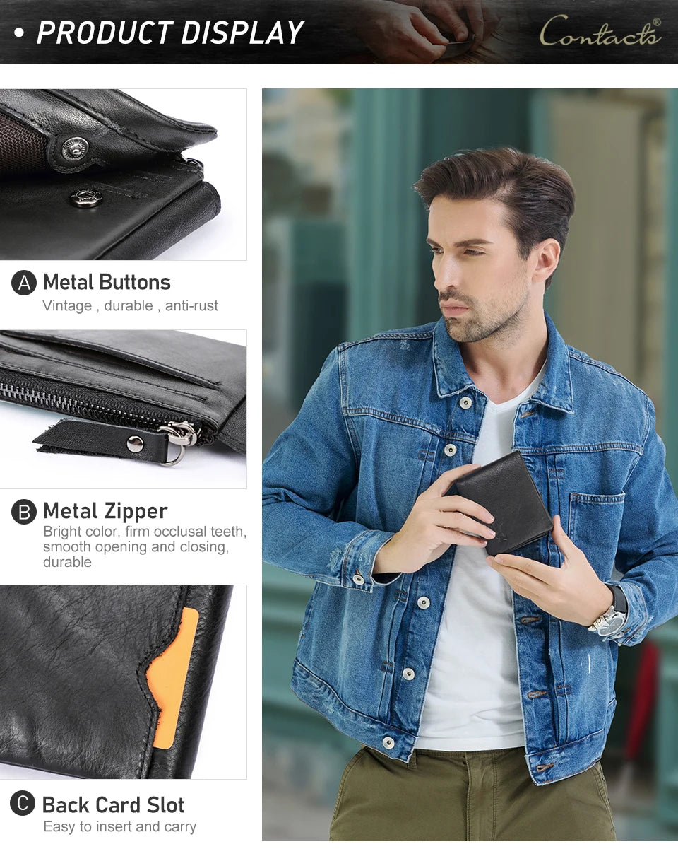 CONTACT'S Genuine Leather Men Wallet Vintage Trifold Hasp Wallet Zipper Coin Purse Card Holder Money Clip Men's Wallets