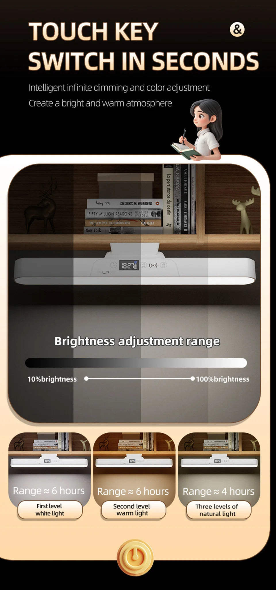 Eye-care Magnetic Desk Lamp USB Rechargeable LED Night Light Battery Status & Time Display Reading Light Table Lamp for Kitchen