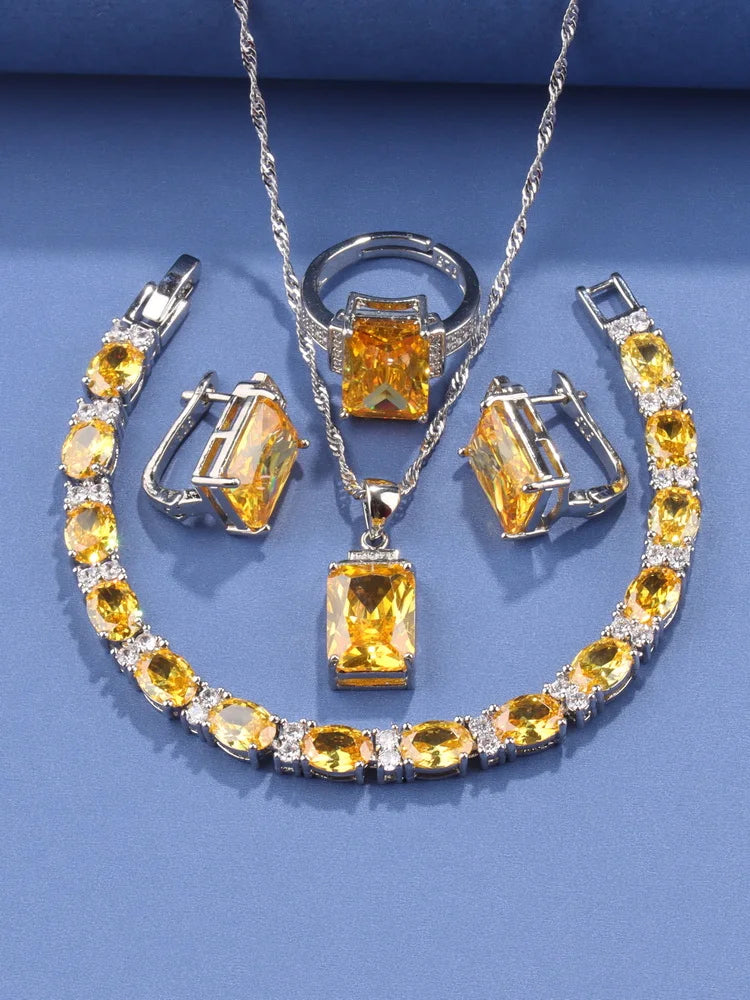 Rectangle 925 Silver Jewelry Accessory Fashion Vintage Original Set Of Earrings Women's Ring  Hand Bracelets Necklace Pendant