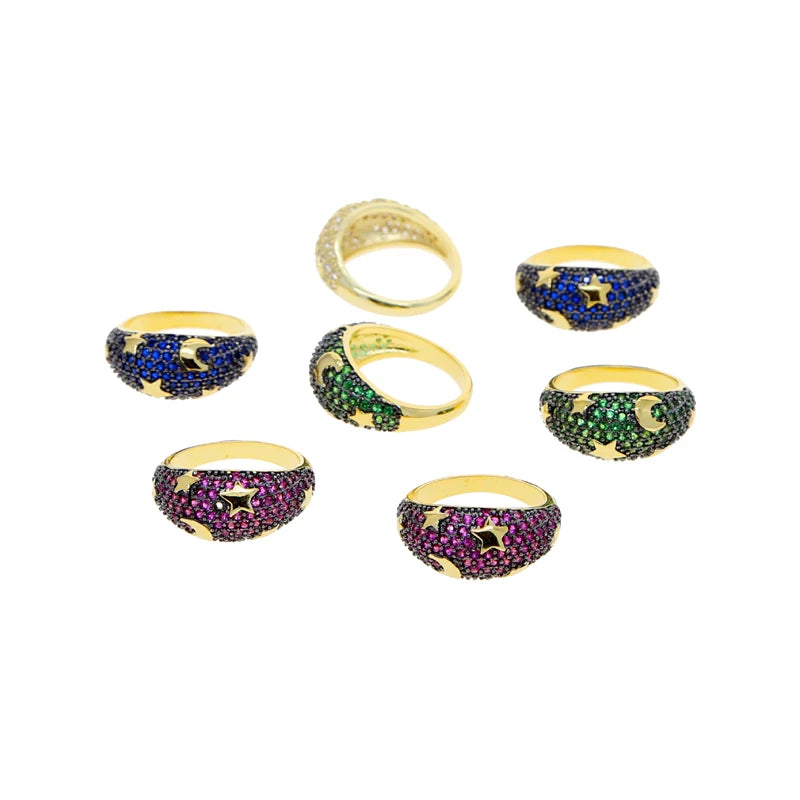 2025 Gold Color Rainbow Fashion Bling Moon Star Ring For Women Men Hip Hop Iced Out Paved Colorful Neon Enamel Luxury Jewelry