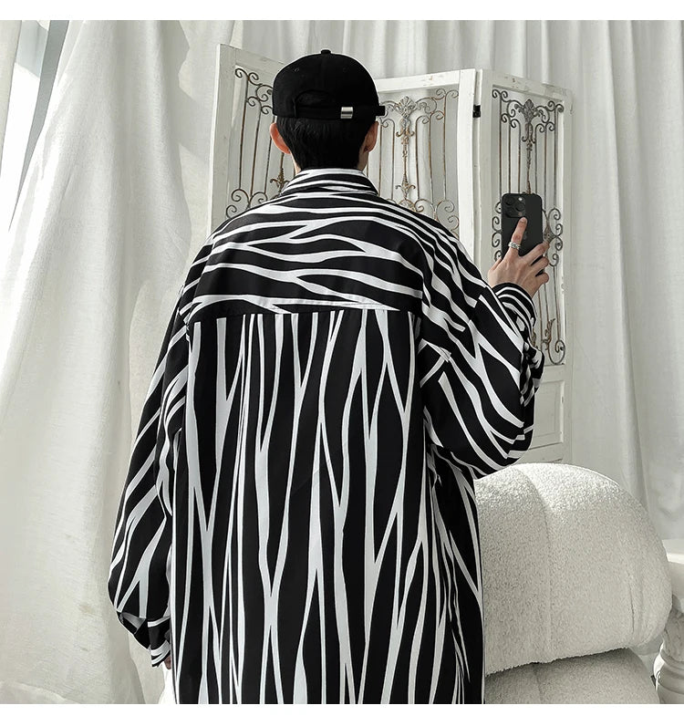 Men's Long Sleeve Striped Shirts Spring New Korean Button Up Shirt Unisex Fashion Casual Oversize Blouse Printed Clothing