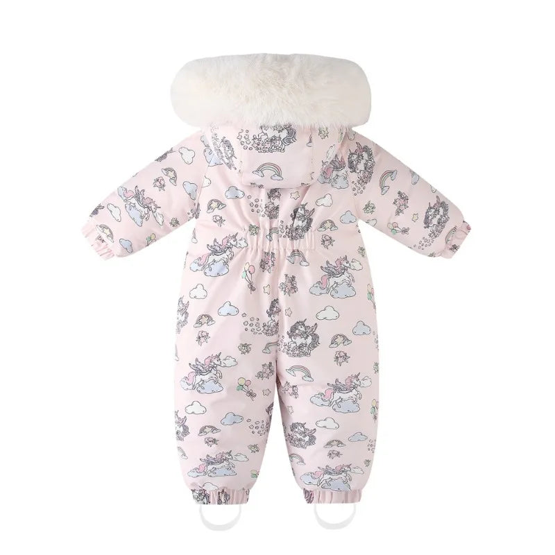 Bellbell Winter 2-6Yrs Girls Snowwear Jumpsuit Faux Fur Hooded Floral Print Kids Baby Girl Romper Thicken Warm Toddler Bodysuit