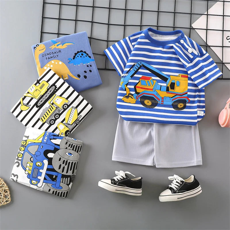Kids Stripe T-Shirt + Shorts 2-Piece Clothing Set Summer Baby Boy Girl Cotton Cartoon Pajama Casual Tracksuit Clothes Suit 0-6 Y