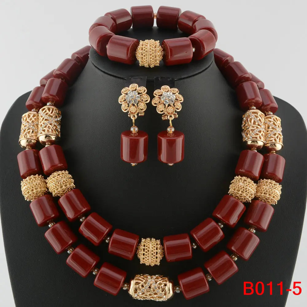 High Quality 2 Layers Artificial Coral Bead African Wedding Jewelry Set Women Necklace Nigeria Bride Party Gift