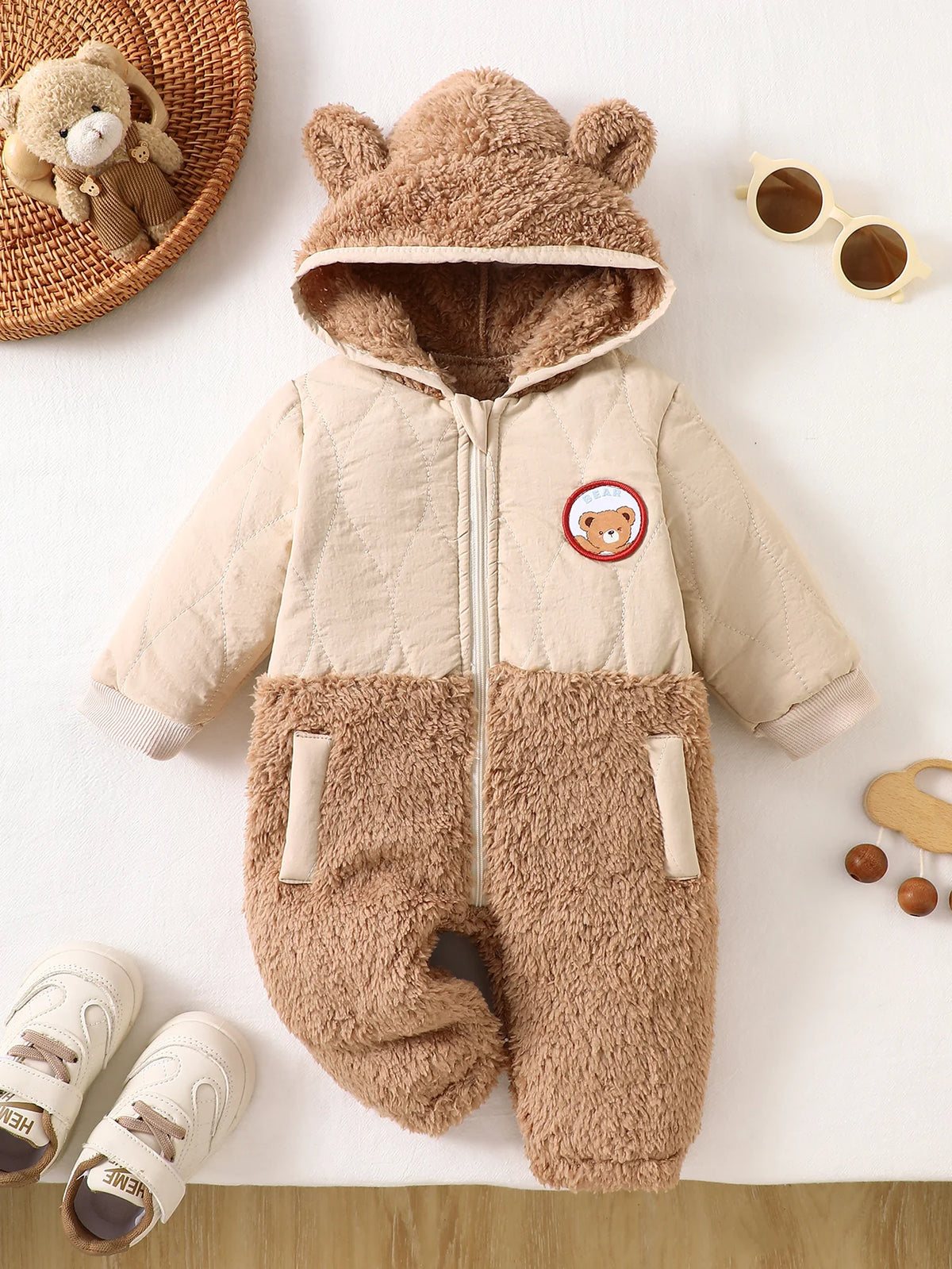IURNXB Cute Bear Ear Hooded Baby Winter Romper Warm Fleece Patchwork Zipper Jumpsuit for Newborn Infant Outdoor Wear 1-18M