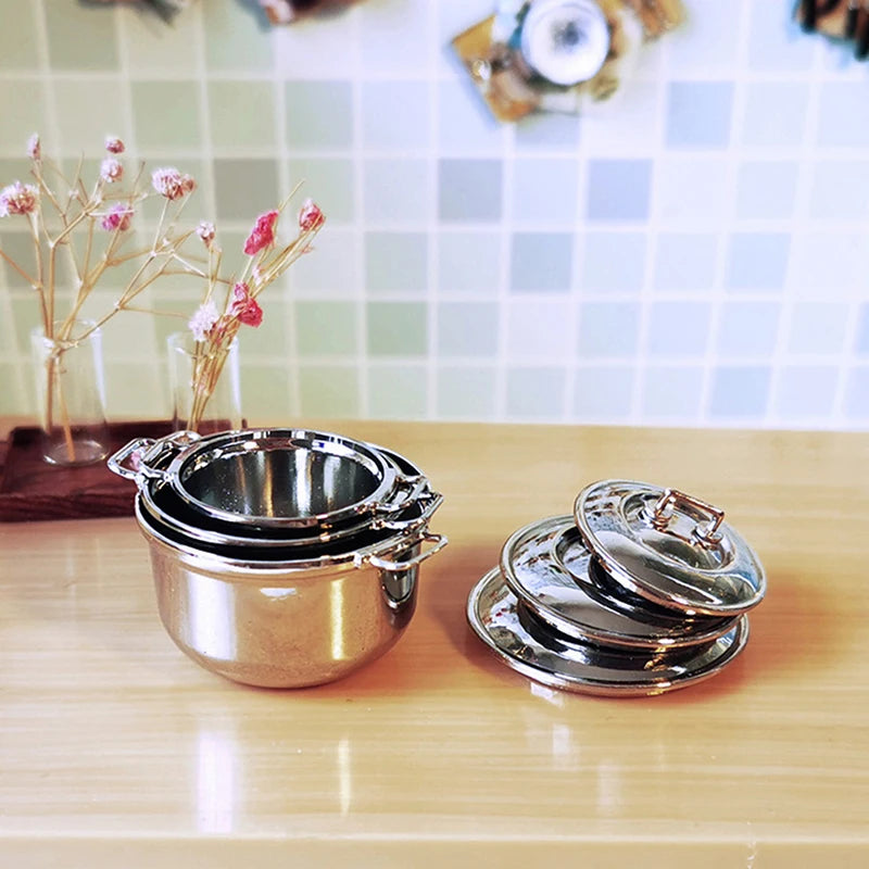 1Pcs 1/12 Dollhouse Miniature Imitated Stainless Steel Casserole Kitchen Cookware