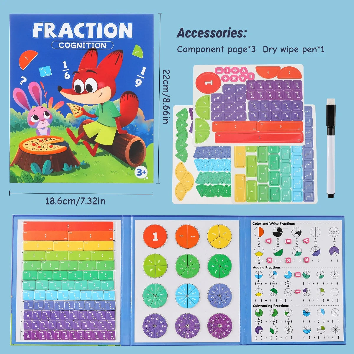Magnetic Fraction Disk Teaching Aids, Fraction Science Education Model Practical School Interactive Enlightenment Teaching Aids, Block Diagram + Pie Diagram + Erasable Arithmetic Area, Addition and Subtraction Quantity Visual