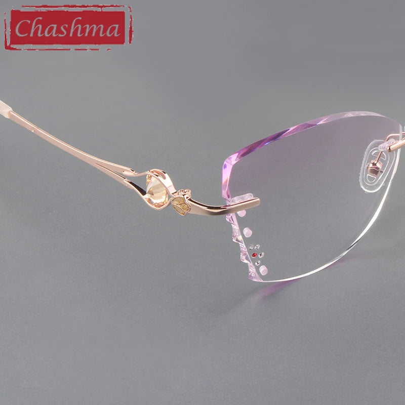 Butterfly Female Eye Glasses Titanium Gray Red Lens Diamond Trimmed Rimless Spectacle Frames Women Sunglasses Tint Lenses