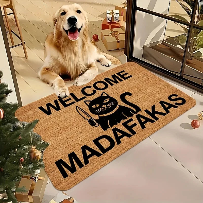 Welcome Madafakas Cat Doormat – Funny Meme-Themed Floor Mat with Angry Cat & Knife Graphic, Humorous Entryway Decor Carpet