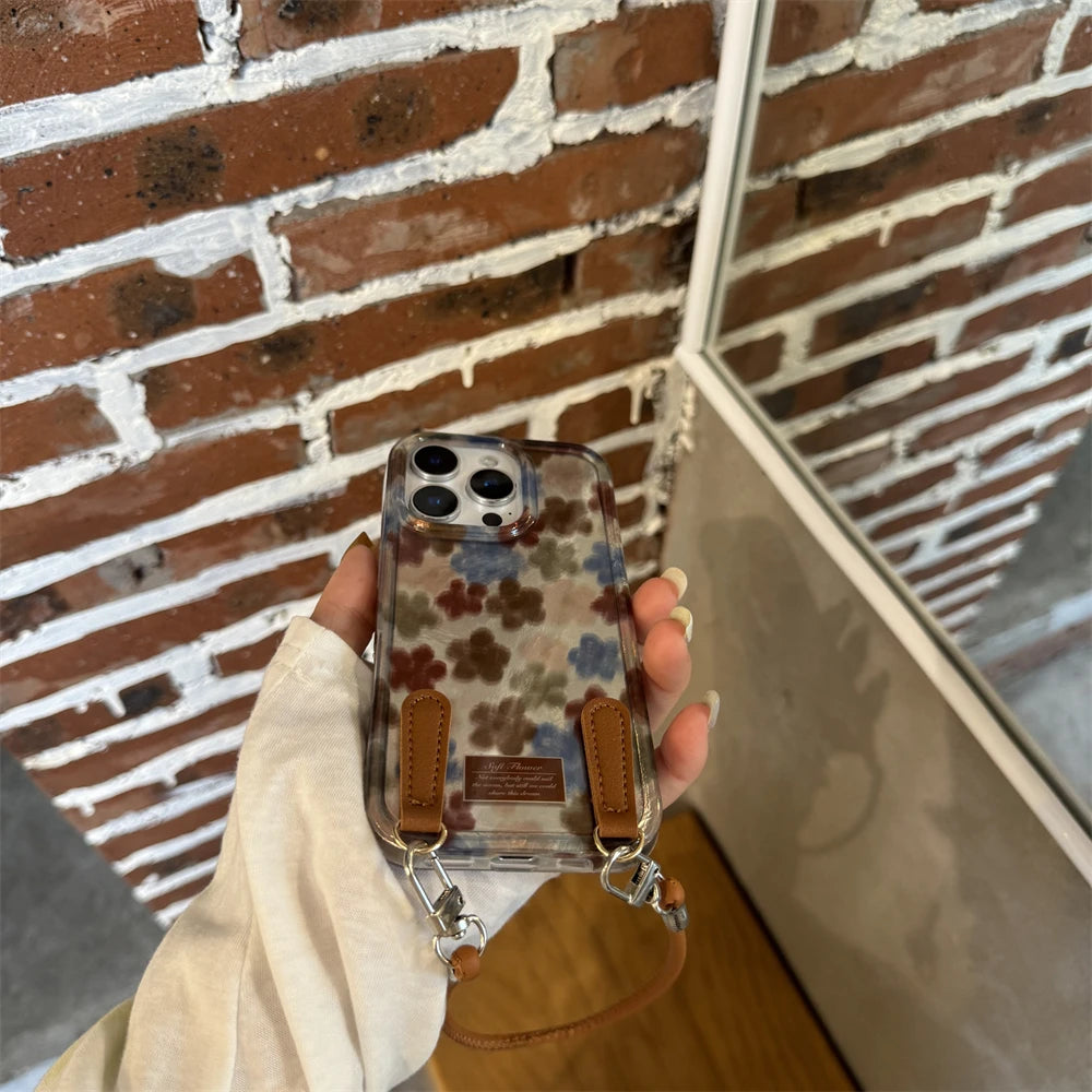 Fashion INS Flower With Leather Wrist Strap Case For iPhone 15 14 13 16 Pro Max 16 Shine Sliver Laser Korea Style Back Cover