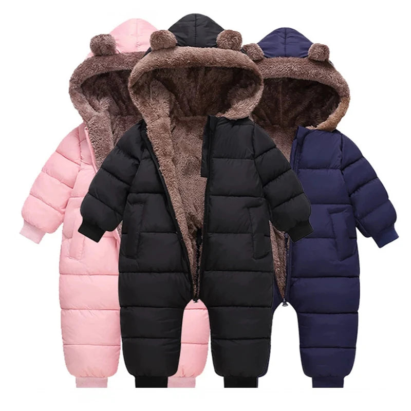 Autumn Winter Newborn Boys Girls Rompers Fleece-lined Zipper Keep Warm Hooded Bodysuits For Baby Kids Children Birthday Present