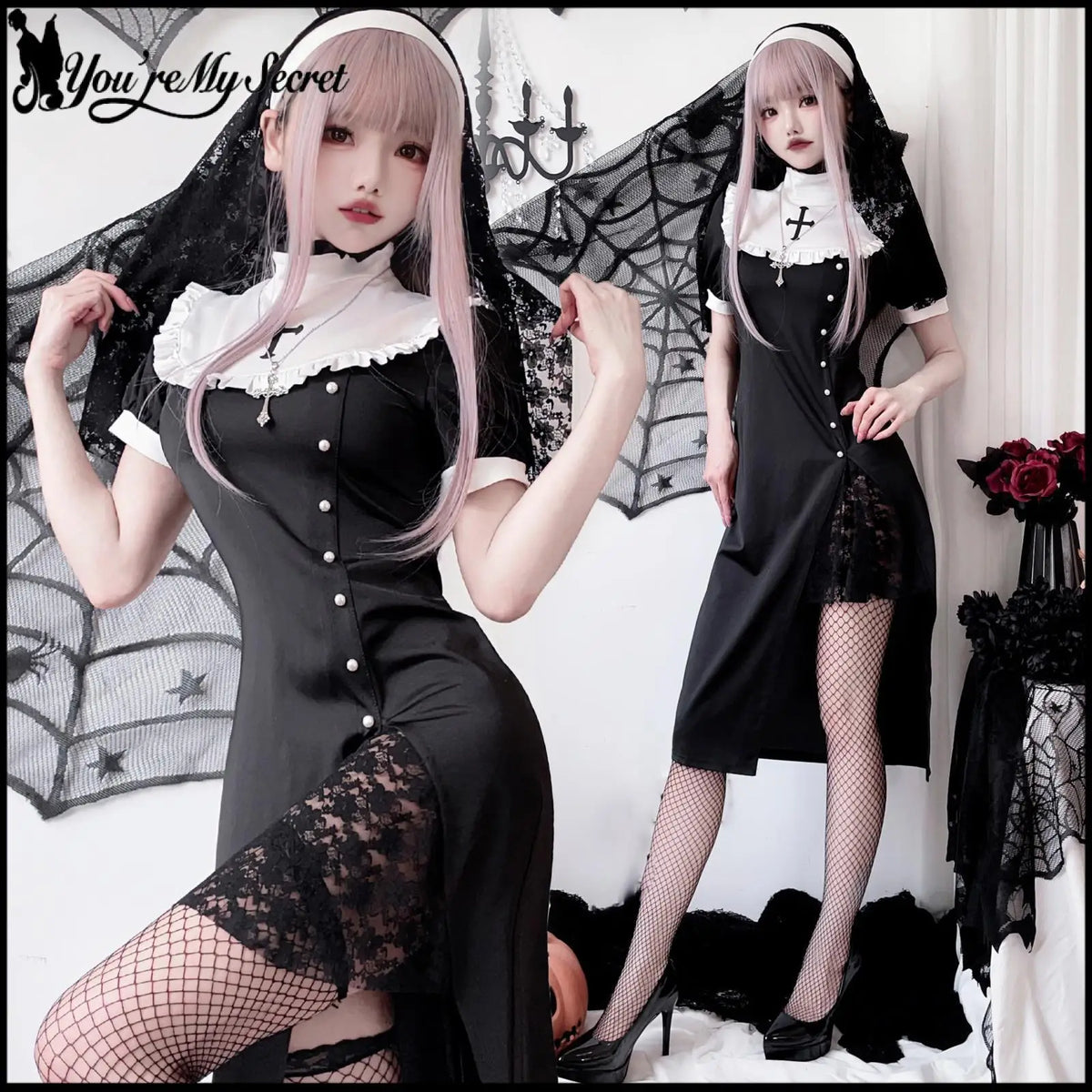 [You're My Secret] 2026 Halloween Cosplay Costumes Women's Vampire Costume Gothic Nun's Clothing Sexy Lace Slim Fit Black Dress